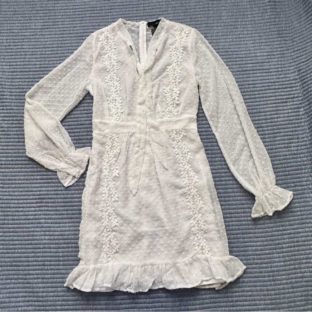 NWT SBerto White Swiss Dot Floral Lace Lined Sheer Long Sleeves Dress Size XS - Picture 1 of 15
